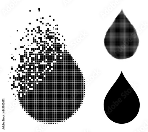 Damaged dotted drop pictogram with destruction effect, and halftone vector symbol. Pixel destruction effect for drop demonstrates speed and movement of cyberspace objects.