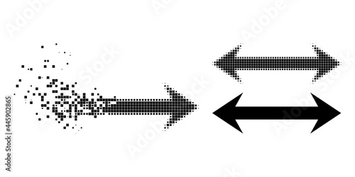 Burst pixelated horizontal flip pictogram with destruction effect, and halftone vector pictogram. Pixelated dissolving effect for horizontal flip gives speed and movement of cyberspace things.