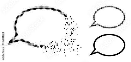 Damaged dotted hint cloud pictogram with wind effect, and halftone vector pictogram. Pixel degradation effect for hint cloud demonstrates speed and motion of cyberspace concepts.