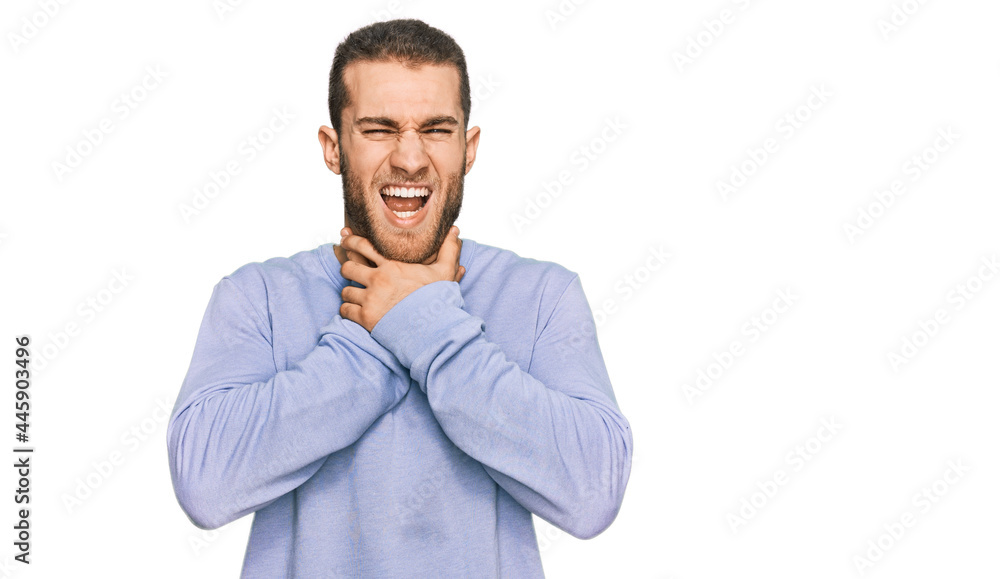 Young caucasian man wearing casual clothes shouting and suffocate because painful strangle. health problem. asphyxiate and suicide concept. Young caucasian man wearing casual clothes shouting and suffocate because painful strangle. health problem. asphyxiate and suicide concept.