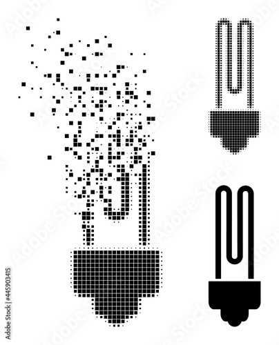 Moving pixelated fluorescent bulb pictogram with destruction effect, and halftone vector pictogram. Pixel burst effect for fluorescent bulb gives speed and movement of cyberspace abstractions.