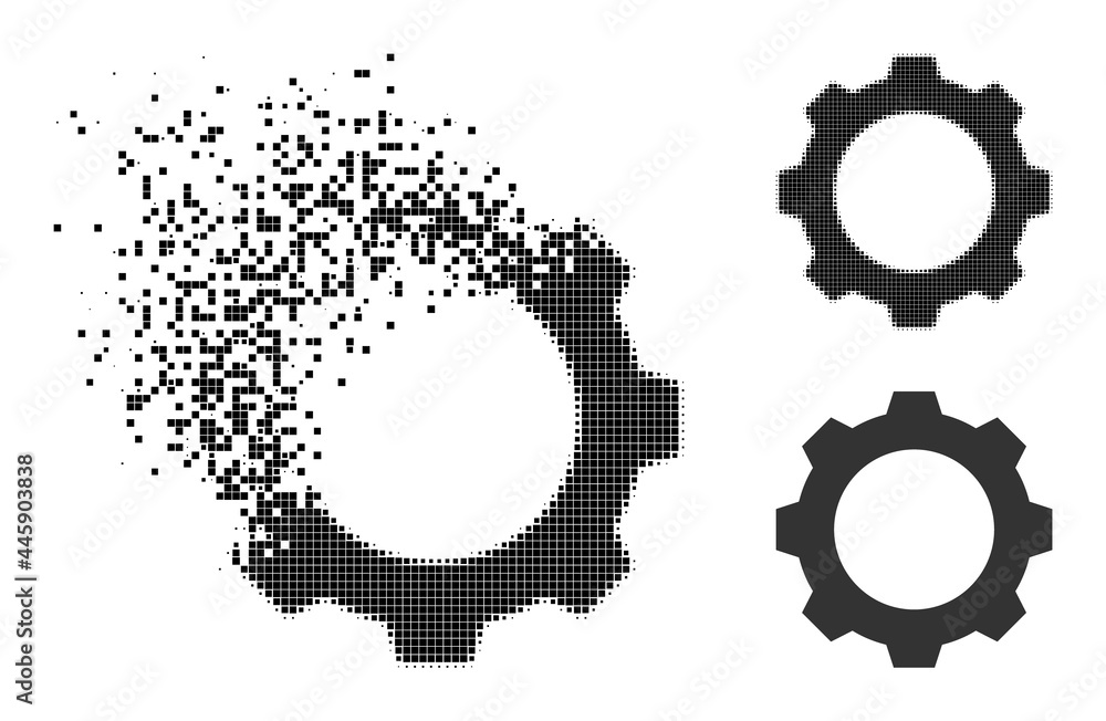 Moving pixelated gear pictogram with destruction effect, and halftone vector composition. Pixelated dematerialization effect for gear demonstrates speed and movement of cyberspace concepts. Moving pixelated gear pictogram with destruction effect, and halftone vector composition. Pixelated dematerialization effect for gear demonstrates speed and movement of cyberspace concepts.