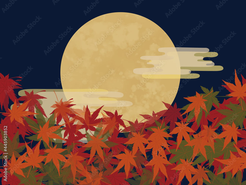 紅葉と秋の夜空に浮かぶ満月の背景ベクターイラスト Stock Vector Adobe Stock