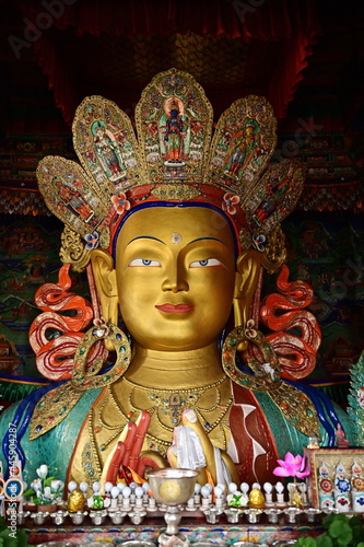 Big Buddha amulet, Maitreya Buddha golden texture, beautiful and sacred. , Buddha of the Future, Leh Ladakh, Jammu and Kashmir, India. It is popular with tourists to ask for blessings. 