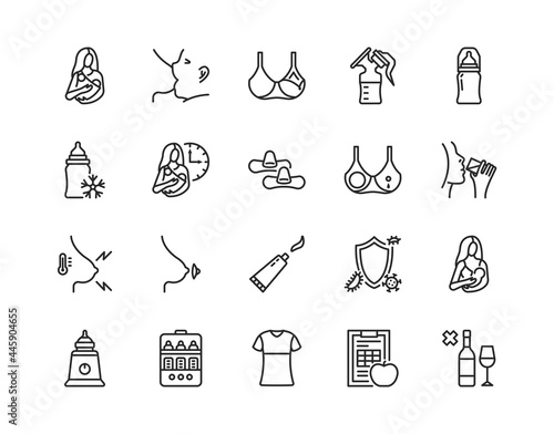 Breastfeeding flat line icon set. Vector illustration lactation. Included nipple shield, breast pads, newborn feeding for hours, nursing clothes, mastitis. Editable strokes
