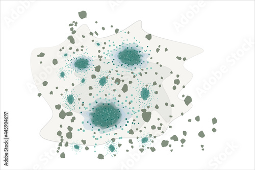 Mold spots isolated on white background. Fungi growing on food. Mold colonies. Stain on the house wall and humidity in the bathroom. Toxic mildew spores. Bacteria, microbes, germs or viruses. Vector
