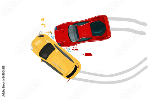 Car crash isolated on white background. Road collisition. Road accident icon. Damaged transport.City drive disaster. Two smashed vehicles top view. Two cars involved in a car wreck.Vector illustration