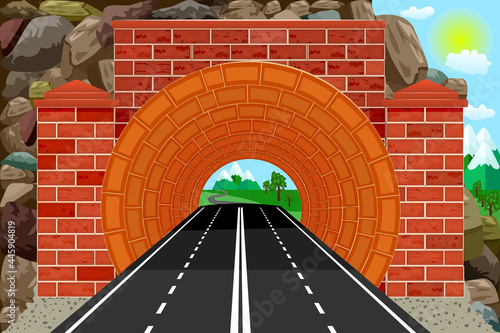 Tunnel with highway and mountains at the exit of way. Speedway tunnel road. Mountain landscape with entrance to the arched freeway tunnel. Underground motorway. Stock vector illustration