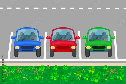 Car parking zone. Parking lot with three cars front view.Place for vehicles with marking on road.Free or pay public parking area. Transportation services. Road with auto park.Stock vector illustration