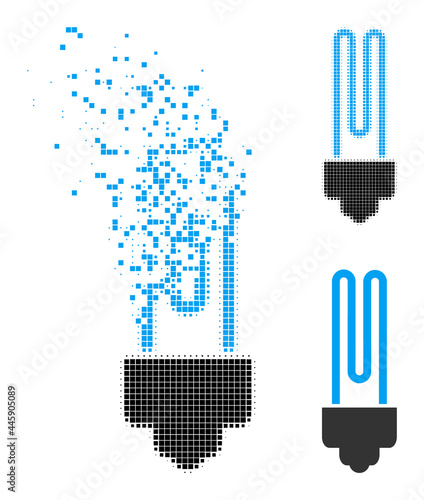 Dissolving pixelated fluorescent bulb glyph with wind effect, and halftone vector icon. Pixel dispersing effect for fluorescent bulb shows speed and motion of cyberspace concepts.