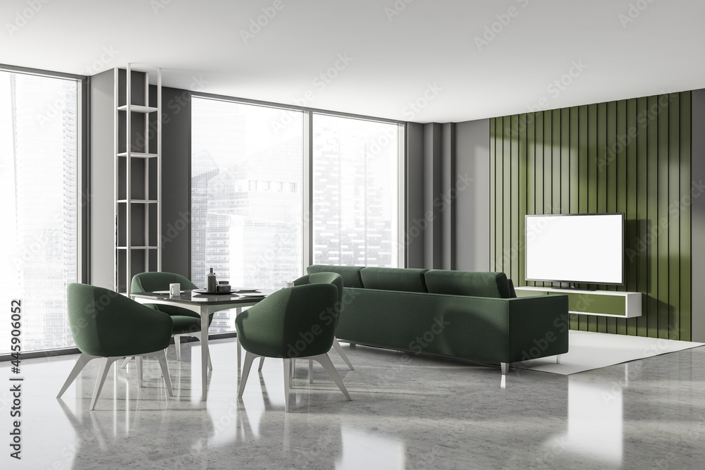 Modern Living dining Room Interior in skyscraper building, big Asian city. Luxury apartment on high floor. Modern Living dining Room Interior in skyscraper building, big Asian city. Luxury apartment on high floor.