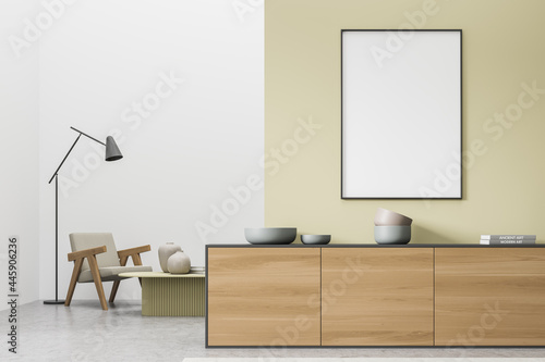 Mock up empty posters on the wall. Modern living room interior. Stone floor and stylish furniture. Concept of contemporary design. © ImageFlow
