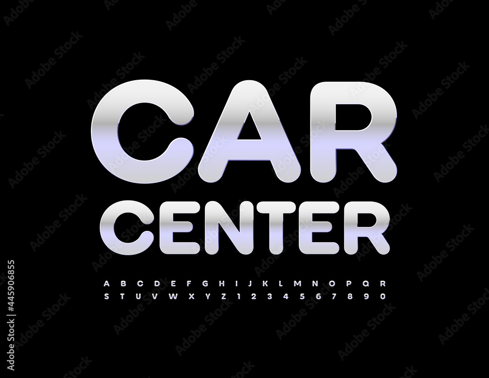 Vector metal Sign Car Center. Trendy Chrome Font. Silver Alphabet Letters and Numbers