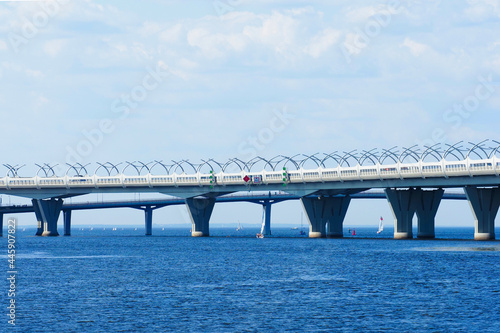 Modern bridges of Saint Petersburg, Russia. Neva bay, Ship Fairway. View of the Gulf of Finland, blue sky. Western high-speed diameter, Yacht bridge