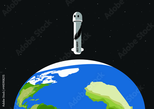 Tourist space travel, rocket and capsule. First tourist flight. Earth's atmosphere. New shepard. Vector Illustration