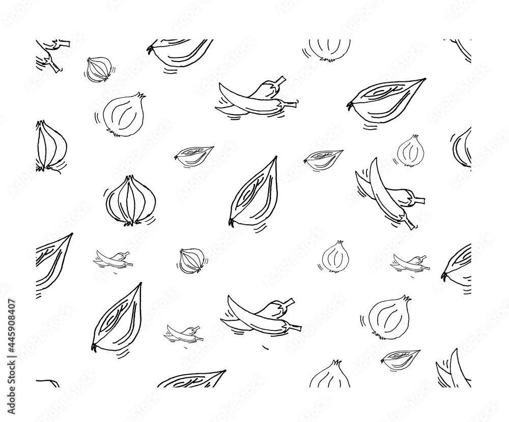vector onion and chili vector illustration. Sketch a hand drawing with a white background