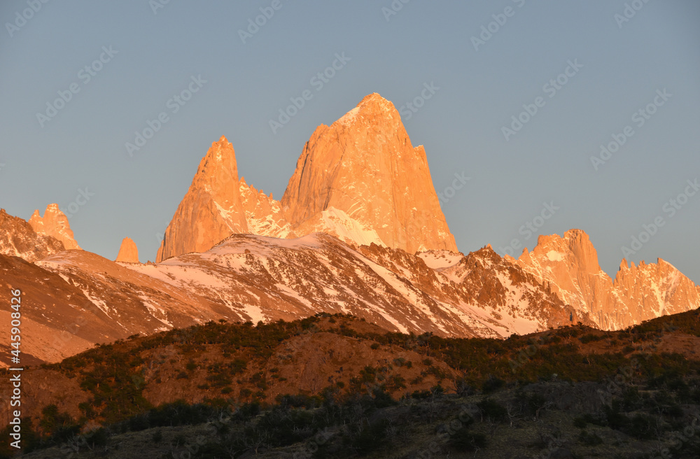 closeup of peaks of Fitz Roy and Aguja Poincenot (left) at sunrise