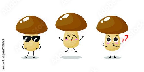 Vector illustration of mushroom character with cute expression,  funny, set of fungi isolated on white background, simple minimal style, vegetable for mascot collection, emoticon kawaii, happy