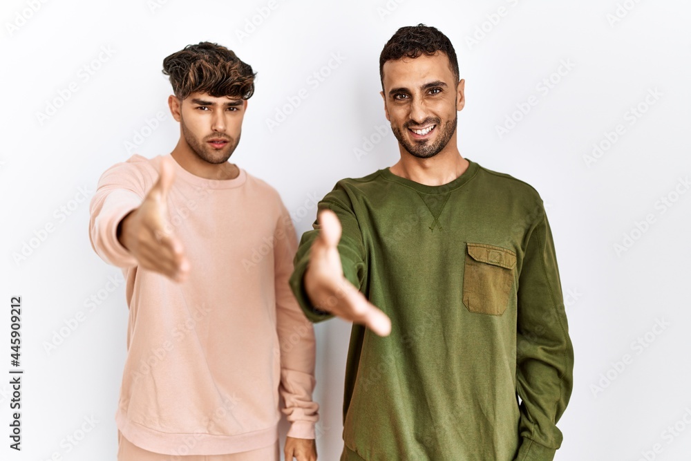 Young gay couple standing over isolated white background smiling friendly offering handshake as greeting and welcoming. successful business. Young gay couple standing over isolated white background smiling friendly offering handshake as greeting and welcoming. successful business.