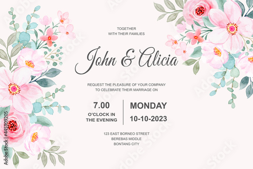 Wedding invitation card with pink floral watercolor