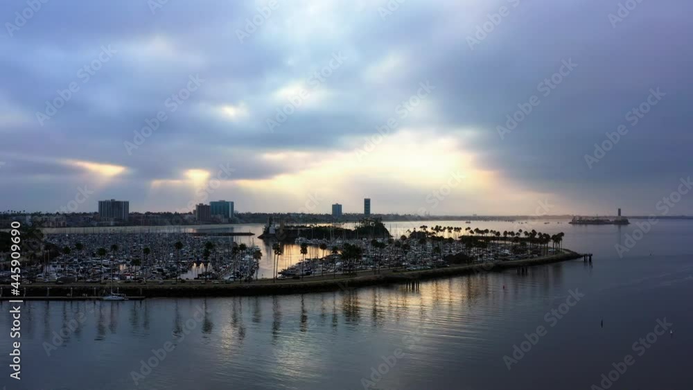 Aerial view of sunrise over the bay in Long Beach Aerial view of sunrise over the bay in Long Beach