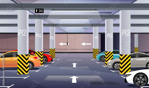 Cars are parked in the underground car park in the business center or shopping and entertainment center. Parking place. Vector illustration