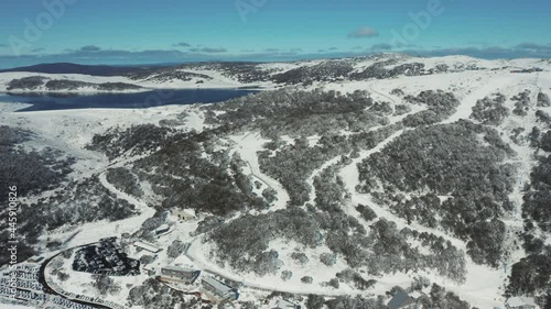An aerial shot of Falls Creek, along the ski resort, VIC Australia