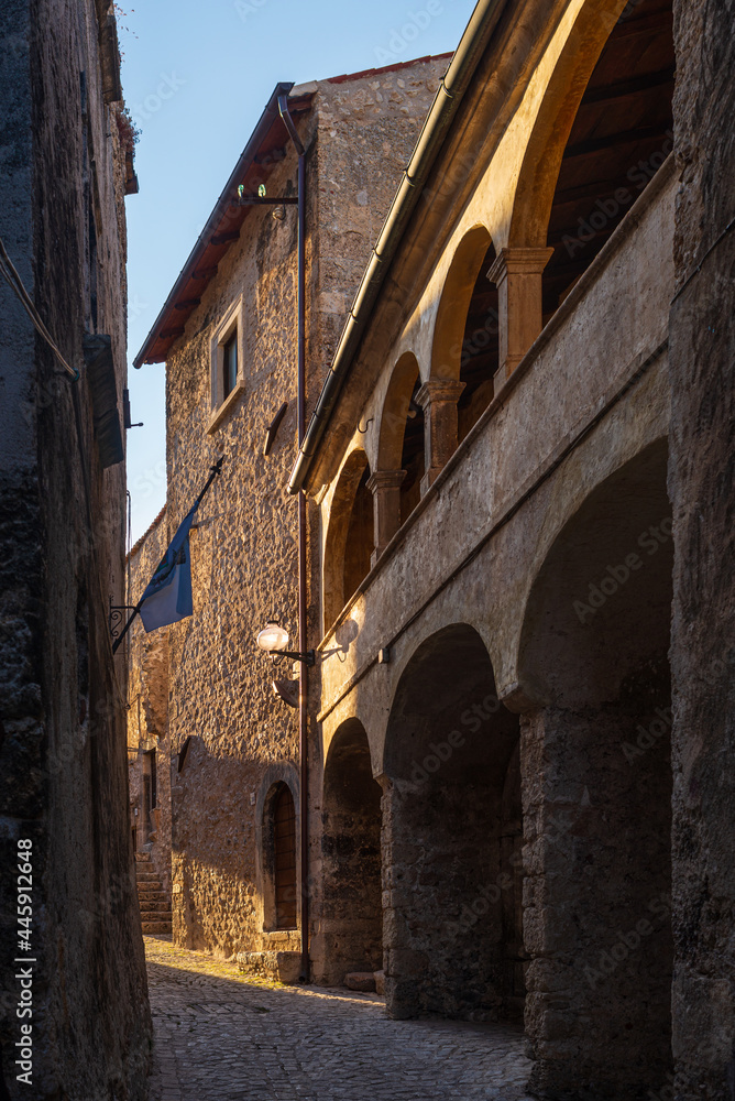 Santo Stefano di Sessanio medieval village details, historical stone buildings, ancient alley, old city stone architecture. Abruzzo, Italy.