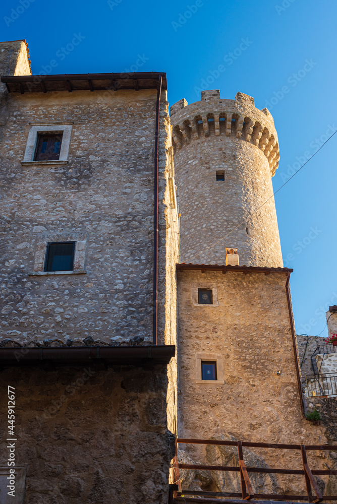 Santo Stefano di Sessanio medieval village details, historical stone buildings, ancient tower, old city stone architecture. Abruzzo, Italy.