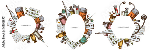 Frames with colored vial of blood, pills and medicines, medical thermometer, coronavirus rapid test, coronavirus bacteria cell, stethoscope, syringe, vaccine