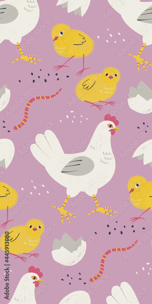 Fototapeta premium Pattern with cute chicken family. Good for textile.