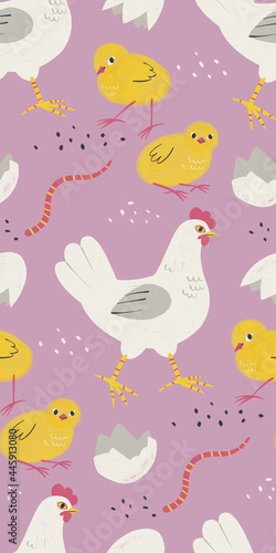 Pattern with cute chicken family. Good for textile.