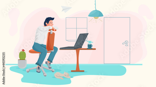 A man in the room is sitting on a chair leaning on the back and looking at a laptop illustration in a flat style for design design © svarog19801