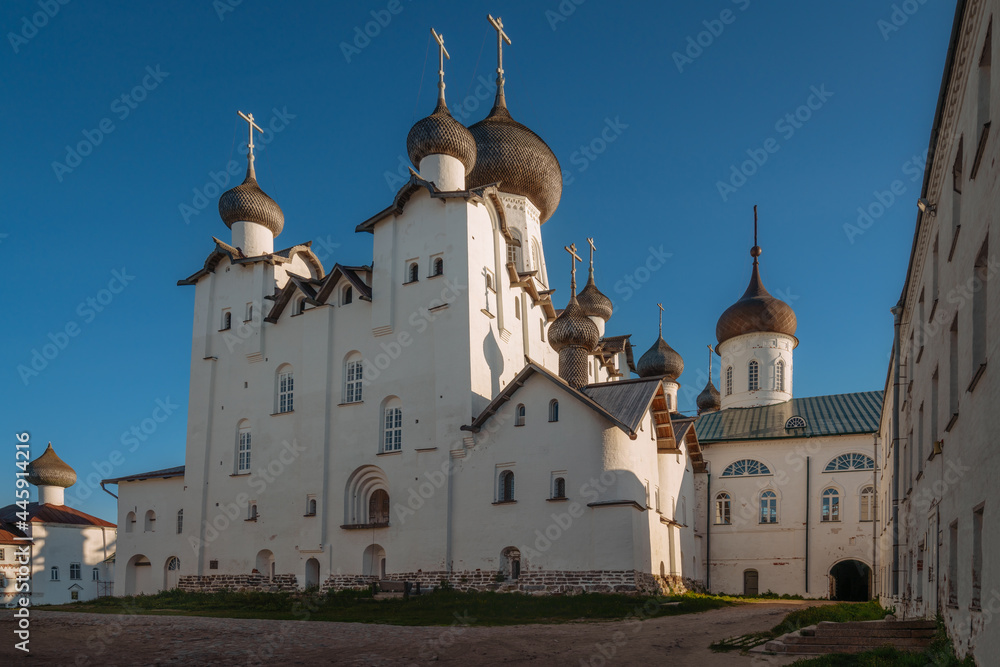 View of the complex of the Assumption Church with the refectory of the Solovetsky Monastery on a sunny summer day, Solovetsky Island, Arkhangelsk region, Russia