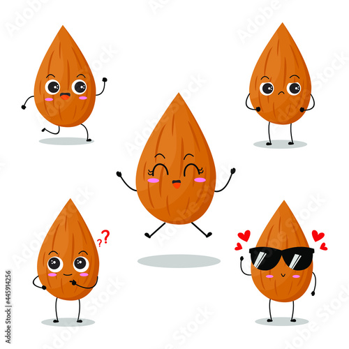 Vector illustration of almond character with various cute expression, happy, funny, almond isolated on white background, simple minimal style, vegetable for mascot collection, emoticon, kawaii