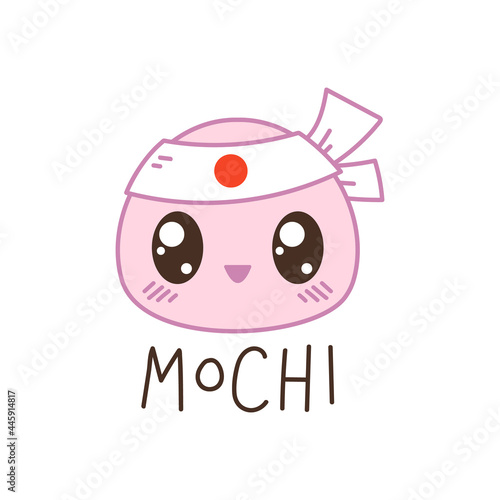 Mochi cake with a headband and a smile. Japanese dessert mochi. Vector illustration in cartoon children s style. Isolated funny clipart on a white background. Cute print