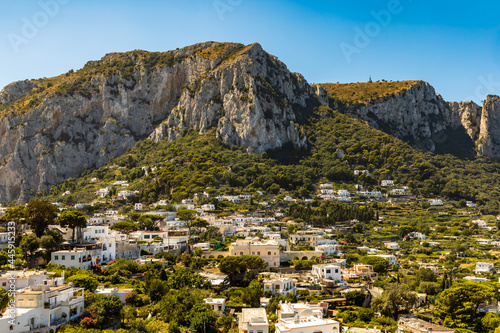 Beautiful panorama of Capri island full of buildings trees and mountains