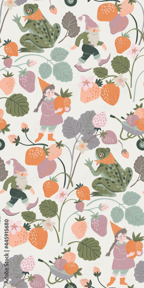 Seamless pattern with gnomes and frog in strawberry garden - obrazy, fototapety, plakaty 