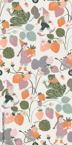 Seamless pattern with gnomes and frog in strawberry garden