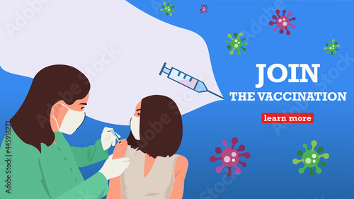 Join the vaccination. Landing page template. Vector illustration with syringe, with doctor and patient and viruses.