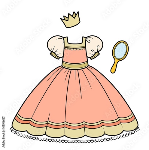 Peach colour ball gown with fluffy skirt, hand mirror and crown princess outfit color variation for coloring page isolated on white background