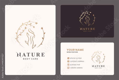 woman body care logo with circle leaf element and business card design.