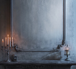 Mystical Halloween still-life background. Skull, candlestick with candles, old fireplace. Horror and witchery.