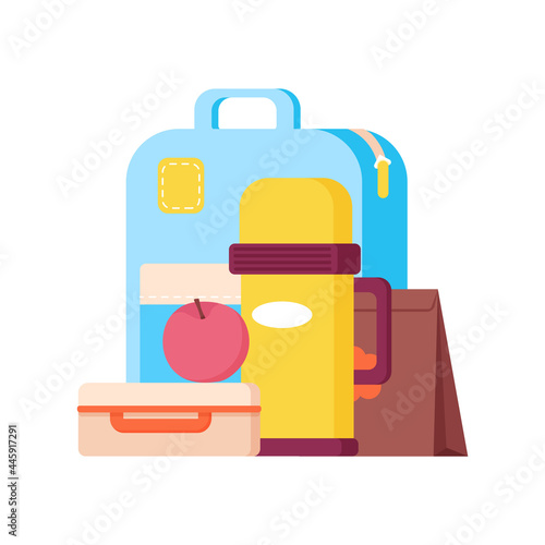 School lunch bags and trays with sandwiches, fruits and donut, thermos bottle