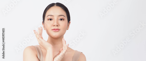 Beauty and skin concept. Young asian woman beauty face make up for skincare cosmetic and showing natural wellness soft and firm and ageless facial skin. younger looking youthful. real acne no retouch.