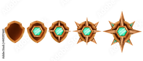 Victory game badge set, vector rank medal award trophy kit, bronze shield, green emerald crystal, star. Fantasy RPG level up winner reward, UI rating emblem, champion achievement. Game gold badge