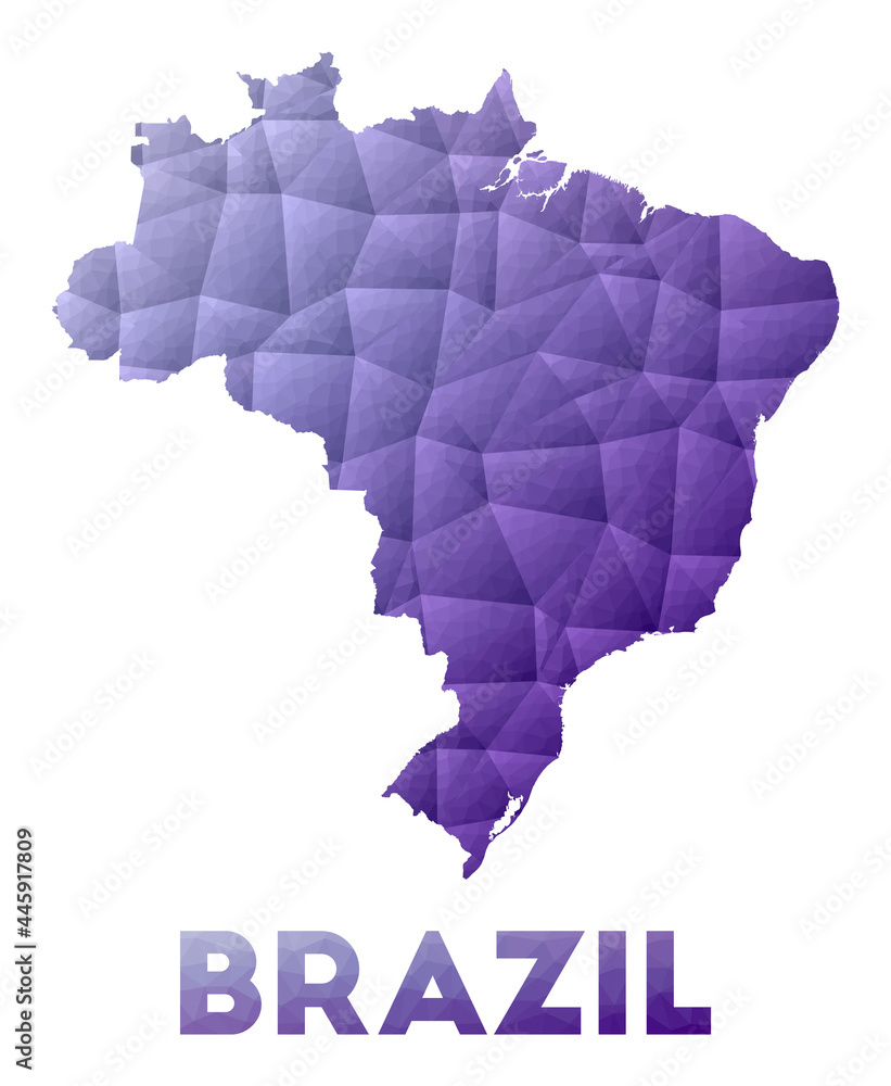 Map of Brazil. Low poly illustration of the country. Purple geometric design. Polygonal vector illustration.