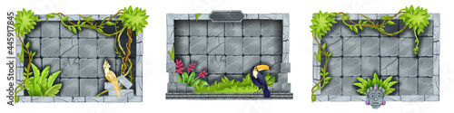 Jungle stone game frame set, tropical rock UI menu panel, vector green bushes, liana, vine, toucan, parrot. Gray ancient brick tile wall, sign board, tiki mask, user interface panel. Stone frame