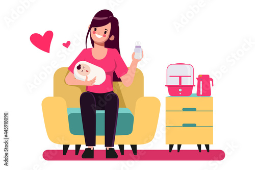 Happy mothers day character hand drawn cartoon. Mother feeding baby pose set.