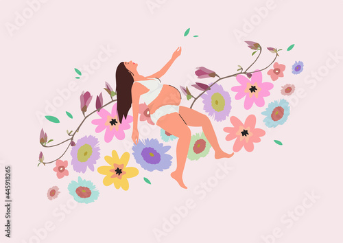A pregnant woman in white underwear on a background of flowers. Ideal for web resources, postcards and other women's online resources. Vector illustration.